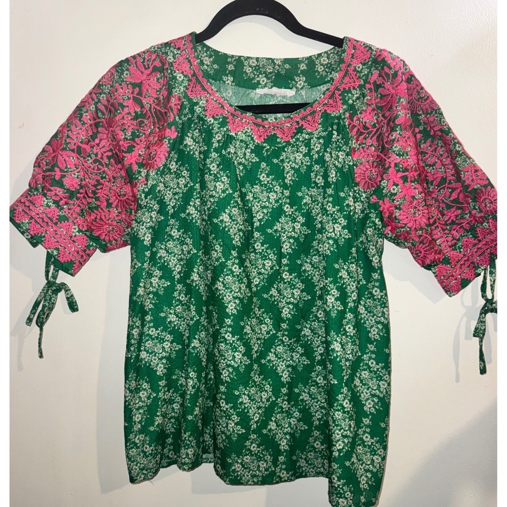 THML Green Floral Pink Embroidered Lace Sleeve Blouse Boho Top Womens Small